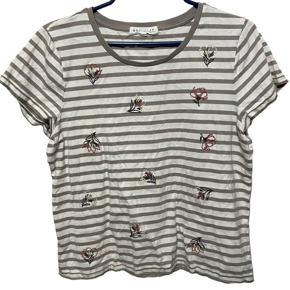 Downeast Gray and White Striped Floral Embroidered T-Shirt